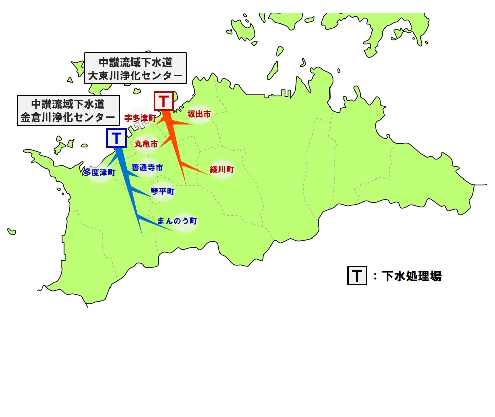 香川県流域下水道の浄化センター位置及び関連市町を示した香川県地図