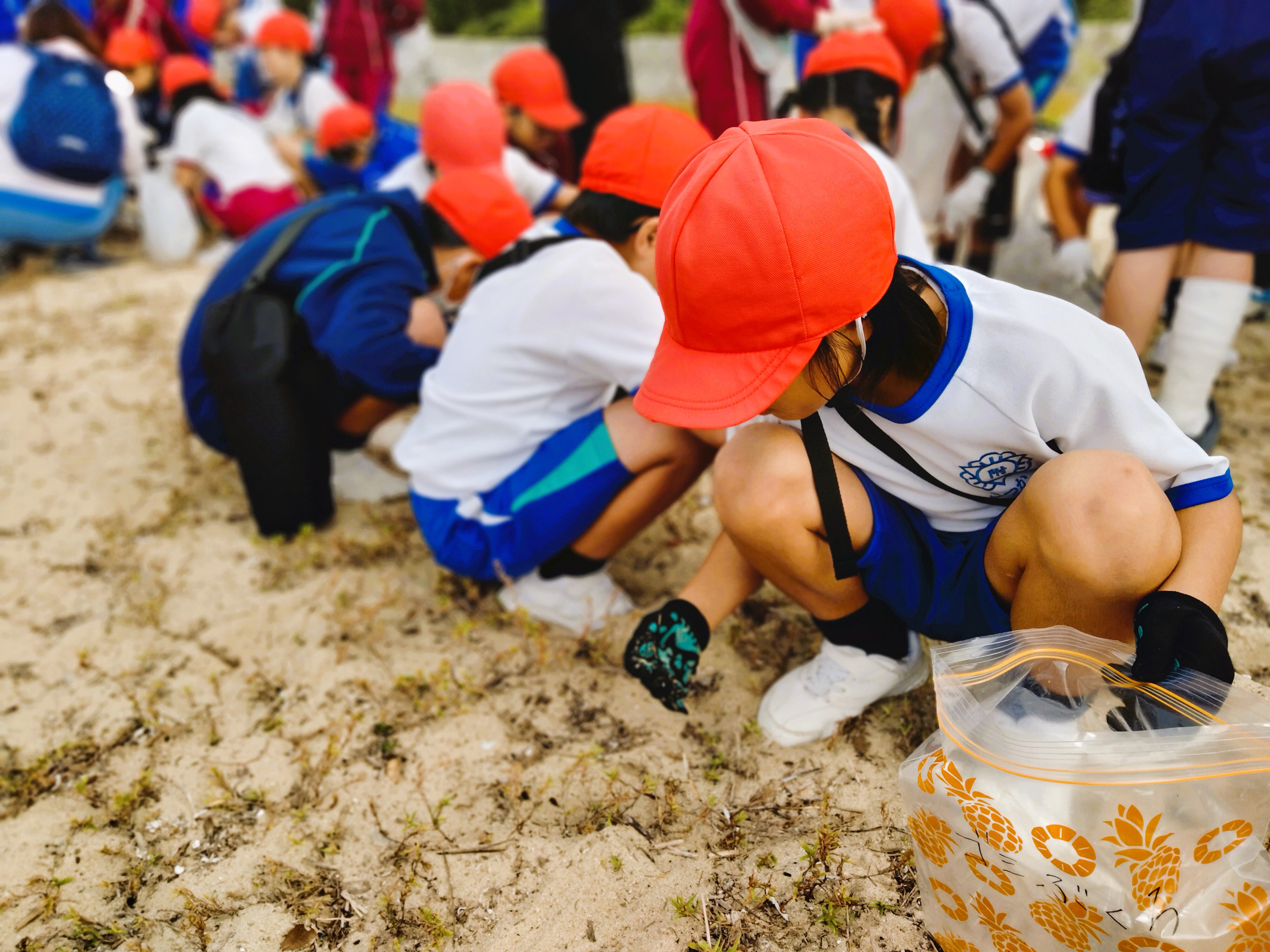 ごみ拾いをする児童